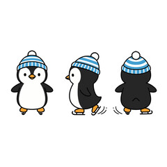 Cute cartoon penguin ice skating wearing striped blue and white winter hat, adorable character vector illustration in three views (front, side, back).