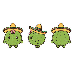 Adorable Female Cactus Character with Sombrero and Flower Vector Illustration in Three Views for Mexican Design