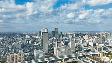 Drone aerial view of modern city and traffic