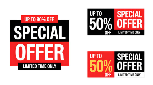 Three special offer sale signs with discounts of up to ninety and fifty percent off limited time only