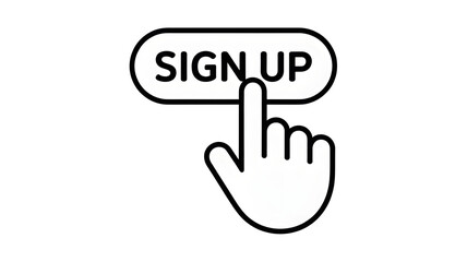 A white hand cursor pointing at a sign up button on a black background in a graphic illustration