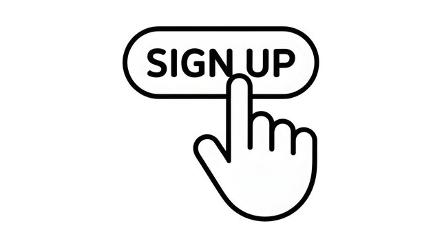 A white hand cursor pointing at a sign up button on a black background in a graphic illustration