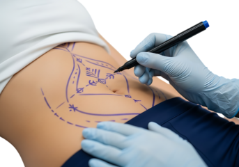 Surgeon marking patient s skin for cosmetic surgery isolated on transparent background