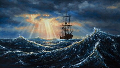 Obraz premium Sailing ship on turbulent ocean waves under dramatic cloudy sky with sun rays