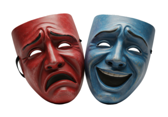 Stylized red tragedy mask and blue comedy mask with distressed hand-drawn texture, overlapping on a transparent background. Concept of emotional duality in theater
