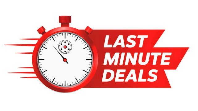 A red stopwatch with last minute deals text promoting time sensitive offers and urgent sales events