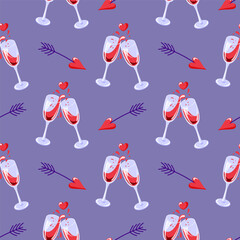 Seamless pattern with wine glass, red heart and arrow on a purple background symbolizing love romance and celebration. Perfect for valentine and romantic design in flat style.
