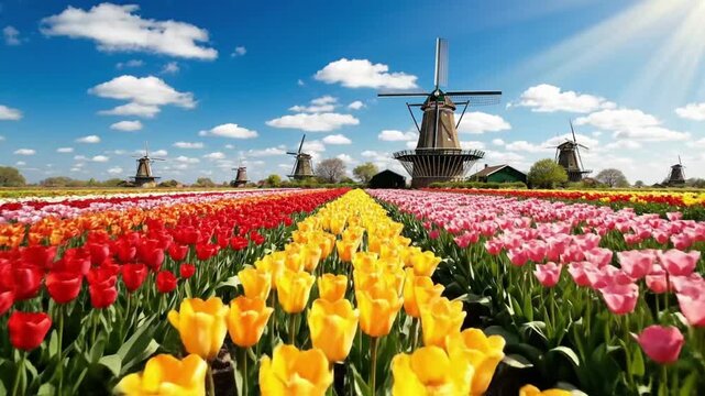 Colorful tulip field with windmills under blue sky
