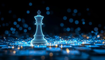 Digital network featuring a strategic chess king symbolizing leadership in cybersecurity business.