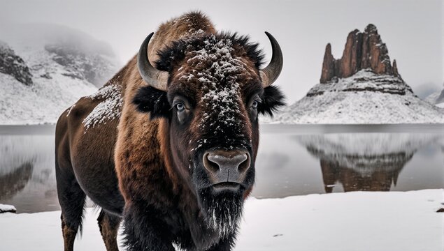 Winter scene featuring a bison on Antelope Island Utah