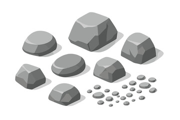 Gray isometric rocks, stones, and pebbles set isolated on white background © Andrei