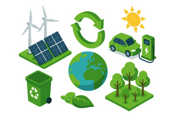 Obraz premium Sustainable energy and environment concepts with solar power, wind turbines, electric vehicle, and recycling