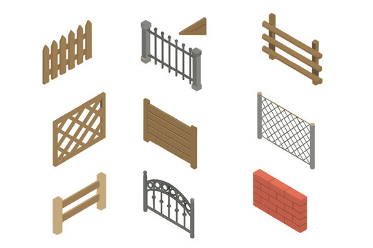 Isometric set of various fence and wall types including wood picket, wrought iron, lattice, and brick segments