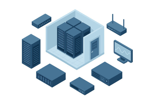 Isometric view of a data center server room with multiple racks and networking hardware