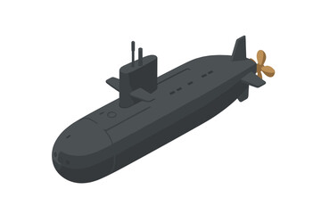 Isometric view of a dark gray military submarine with a propeller and conning tower
