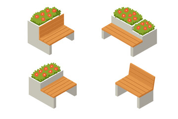 Fototapeta premium Isometric park seating furniture collection featuring benches and integrated flower boxes
