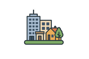 Mixed residential and commercial buildings in a vibrant city neighborhood landscape