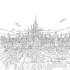 An intricate, expansive line art illustration depicting a futuristic cityscape with towering structures, advanced transportation, and a complex network, perfect for conceptual designs.