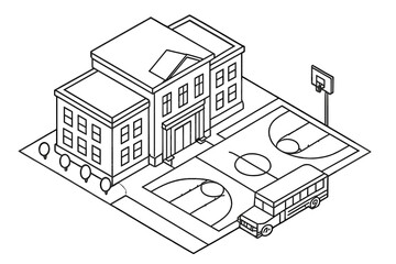 Classic school building exterior with outdoor basketball court and school bus in isometric view