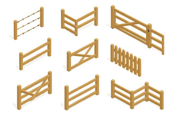 Detailed collection of various wooden farm fences and gates presented in isometric view