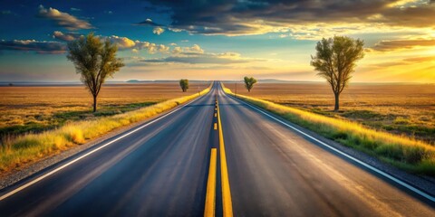 Naklejka premium Asphalt ribbon unwinding towards a vibrant sunset, flanked by solitary trees and golden fields, promising an open road adventure