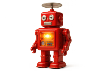 Red vintage robot toy standing with glowing chest