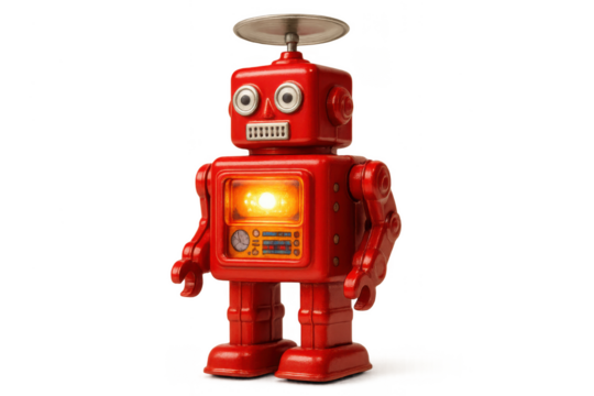 Red vintage robot toy standing with glowing chest