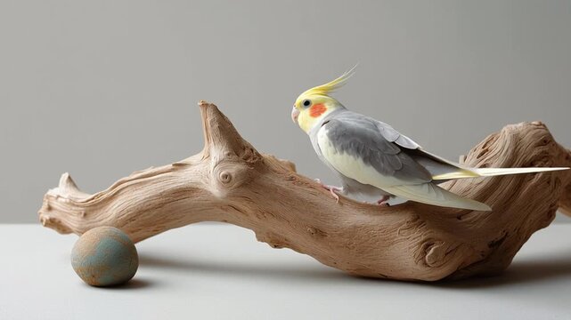 Beautiful cockatiel rests on driftwood while a colorful egg sits nearby in a serene indoor setting