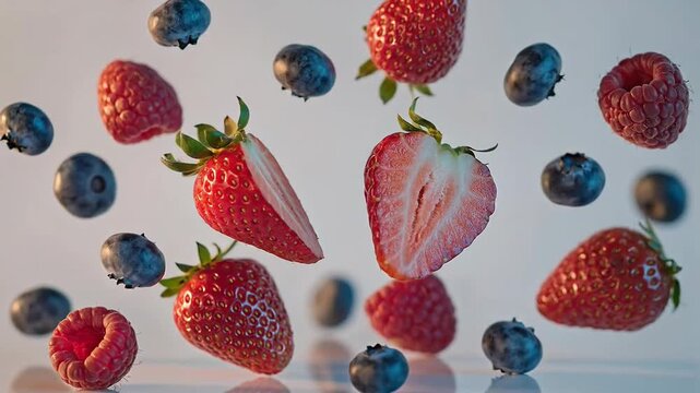 Floating fresh colorful mixed berries, strawberries, raspberries and blueberries, close up shot