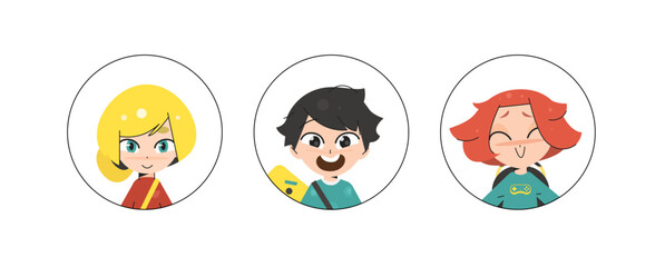 School Cartoon Avatars of Happy Preteens in Flat Design for Creative Projects and Education, Showing Friendly Smiles, Bright Personalities and Modern Character Design.
