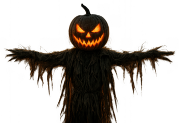 Scarecrow with glowing jack o lantern head creating spooky Halloween atmosphere