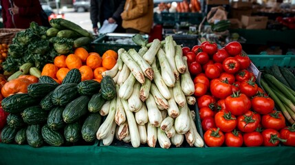 a vibrant display of fresh produce at a farmers market, featuring a variety of colorful fruits and vegetables. The scene evokes freshness, health, and a celebration of natural food