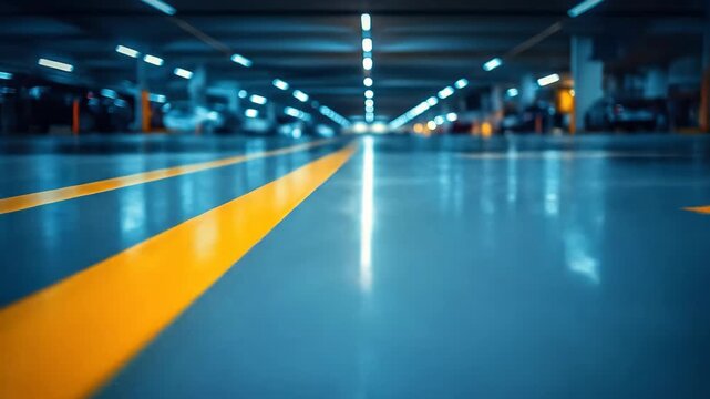 A low-angle shot of an underground parking garage with illuminated lights and yellow lines