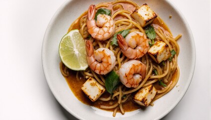 Spicy Thai noodle dish with shrimp tofu and lime