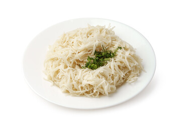 Deliciously cooked white rice topped with fresh herbs on a simple plate