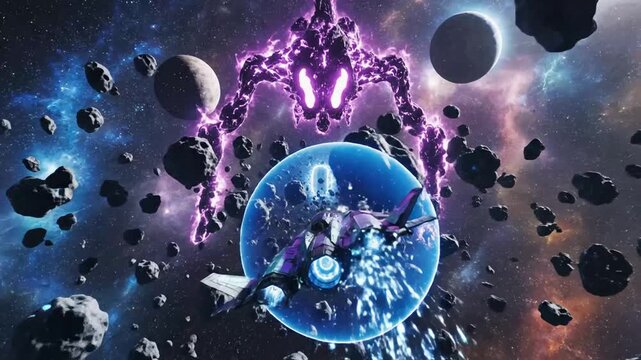 Cosmic flight through asteroid field towards looming entity