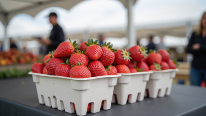 Fresh strawberries in containers at market, showcasing vibrant red color and green leaves, evoke sense of summer and freshness