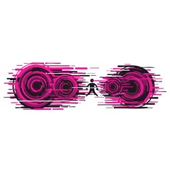 A dynamic illustration of a person leaping between two abstract, energetic pink and black digital vortexes, symbolizing connection and technological progress.