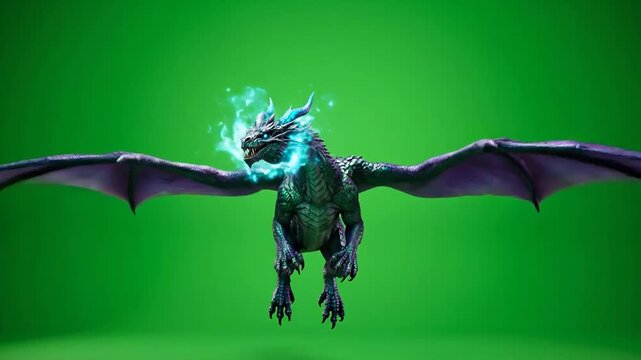 Flying dragon animation loop over green screen, seamless loop fantasy dragon