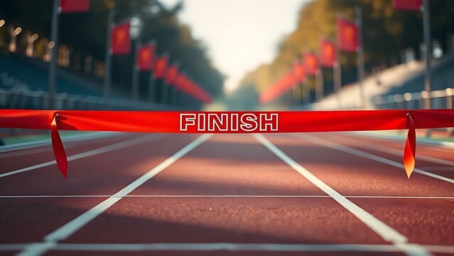 disengaged. Vibrant red and white finish line ribbon stretched taut across a marathon track. event key visuals, club posters, designed for fitness apps and gym onboarding, used by sports marketers.