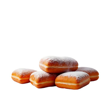 A group of five donuts sitting on top of a white table.