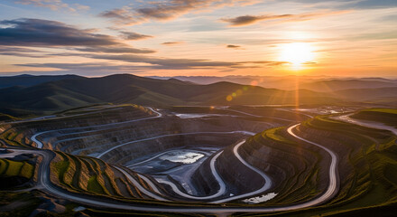 An impressive open pit mine at sunset showcases the scale of resource extraction and industrial landscape, highlighting engineering and environmental impact.