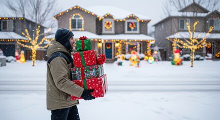 Person carrying stack of wrapped Christmas gifts down a snowy street with holiday decorated homes.