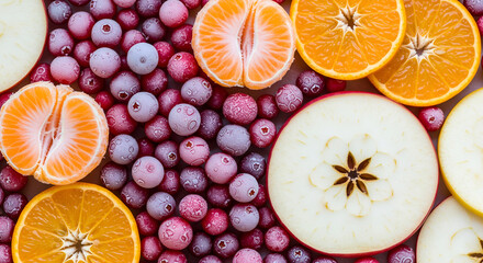 Assortment of sliced winter fruits like apple, orange, and mandarin with frozen cranberries. A fresh, healthy, and festive food texture for backgrounds.