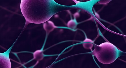 Neurons and synapses illuminate a dynamic neural network scene with bold colors