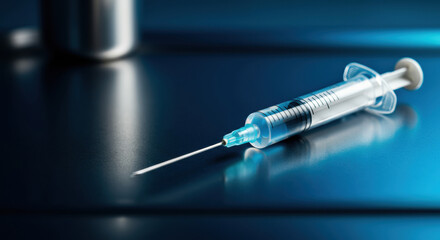 Syringe lies on a cool blue lab surface ready for precise administration