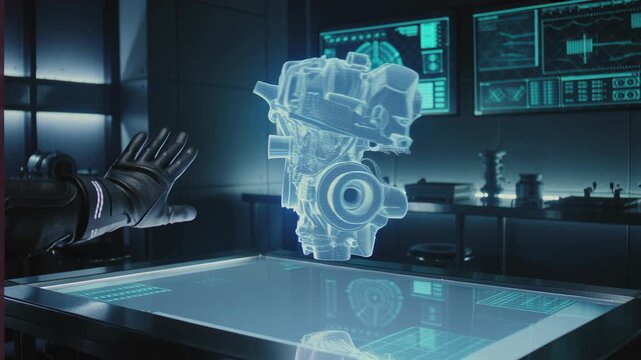 Man's hand interacts with a changing holographic engine model on a transparent screen in a futuristic lab. Digital engineering technology.