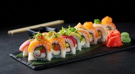 Sushi rolls platter with vibrant toppings on dark slate plates for catering