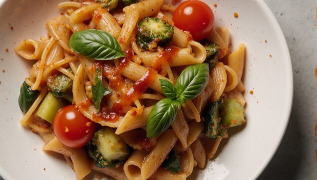 Pasta primavera with sriracha sauce in a tomato and herb-infused bowl - Powered by Adobe