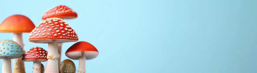Obraz premium Colorful mushroom cluster with red and blue caps on light blue background, creating vibrant and whimsical natural scene